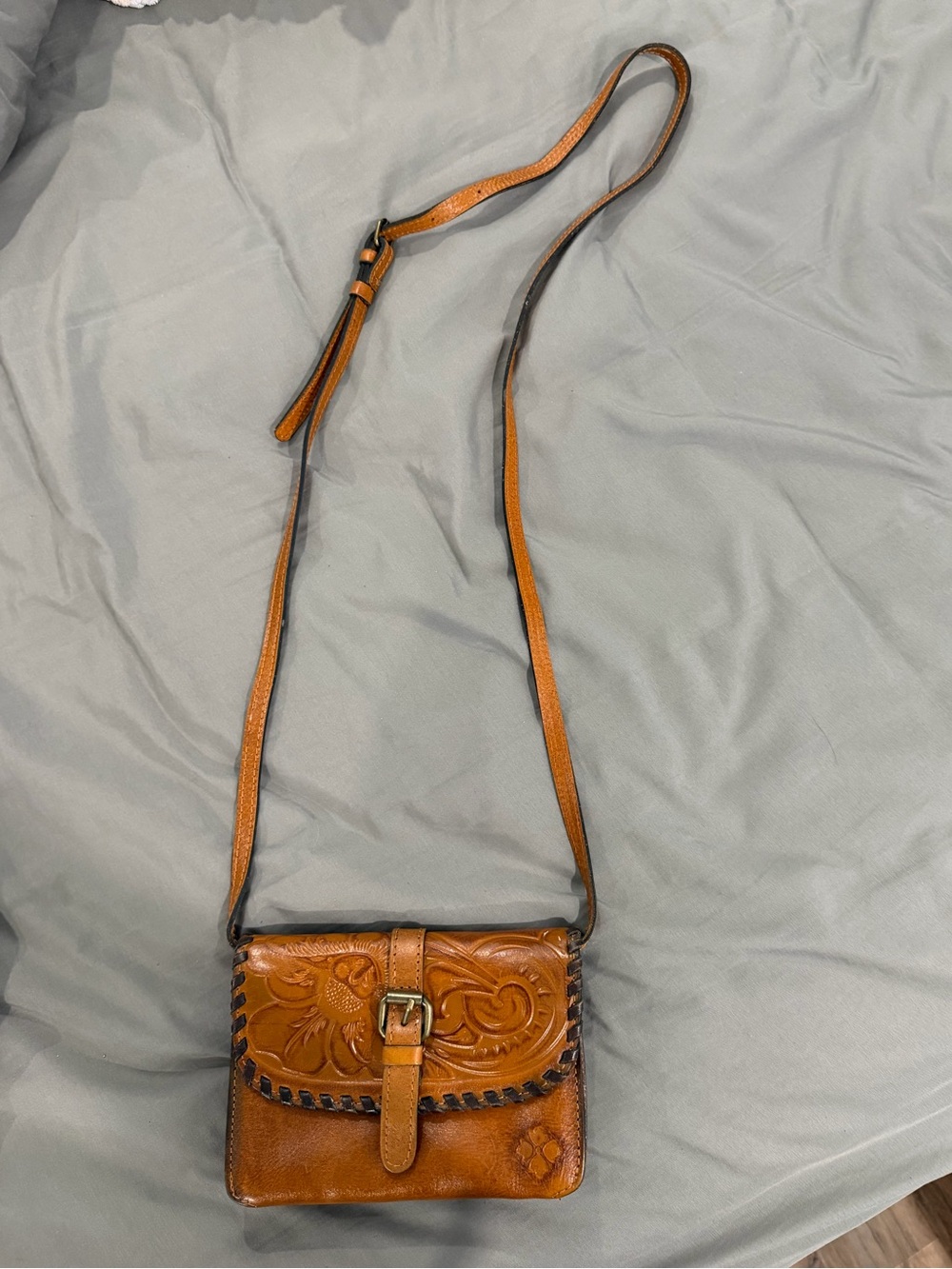 Patricia Nash Tan Tooled Leather Floral Crossbody Bag